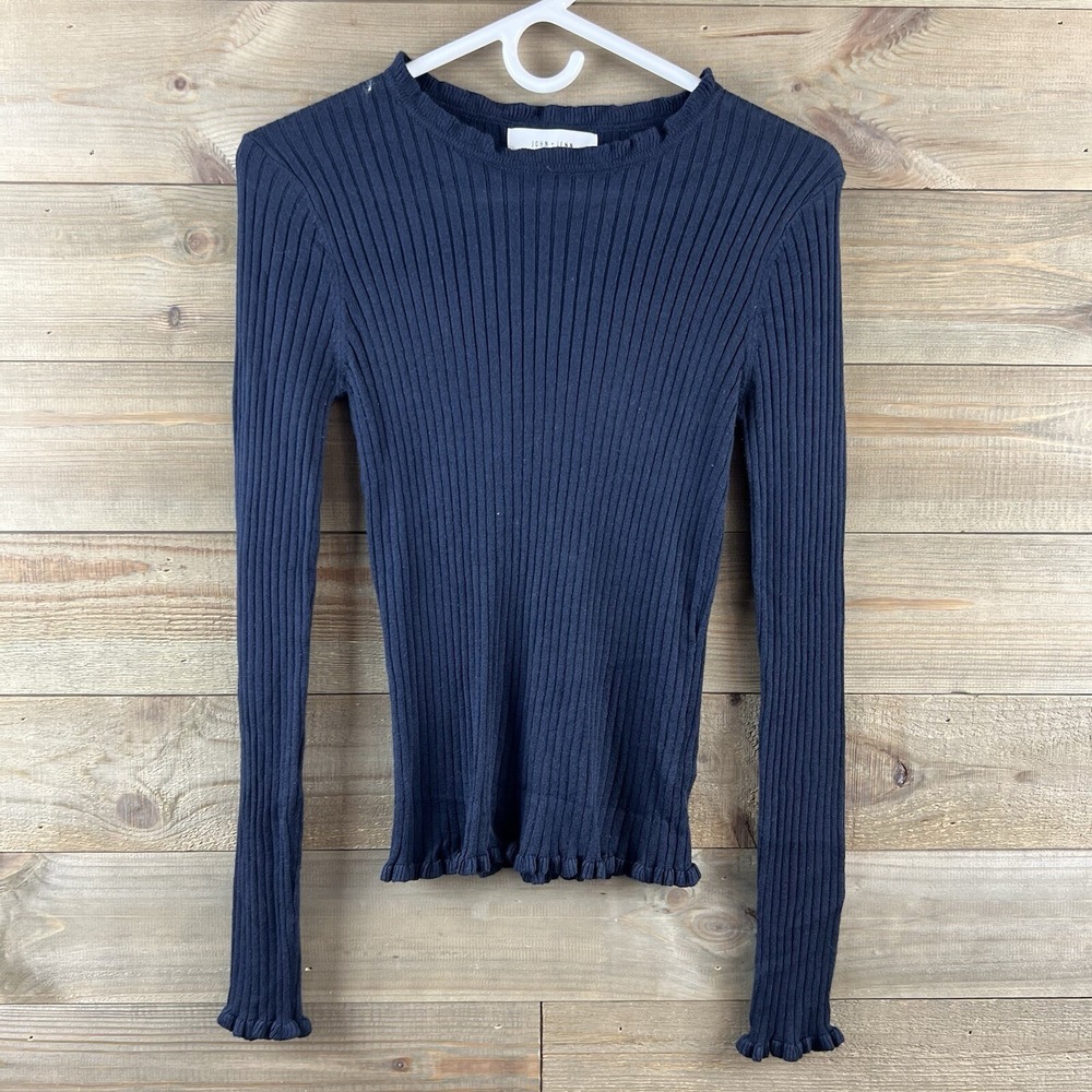 John + Jenn Womens Sweater Crew Neck Ribbed Ruffle Blue Minimalist Size XS
